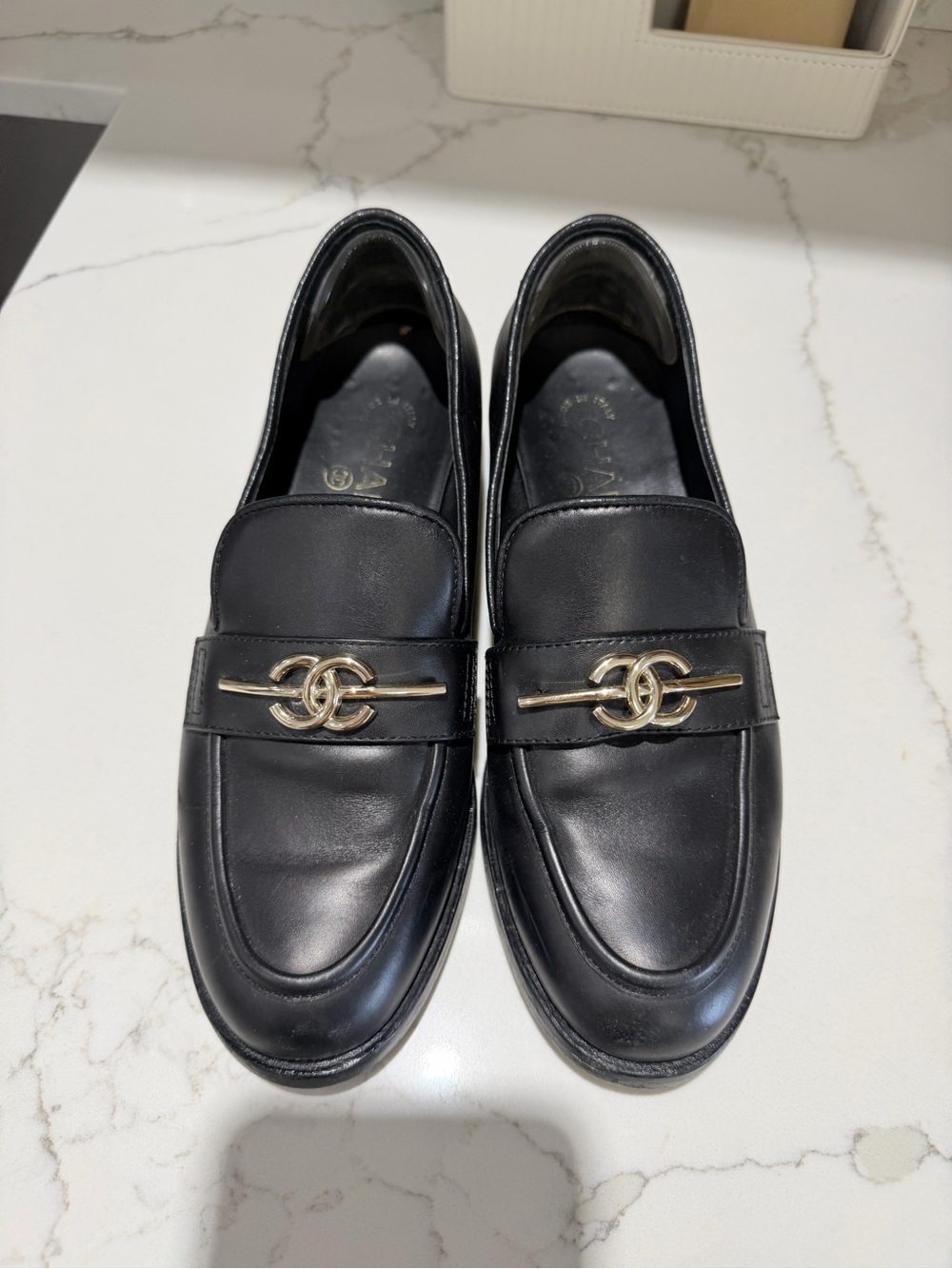 Black Leather Loafers Gold-Tone CC Logo Size EU 38C